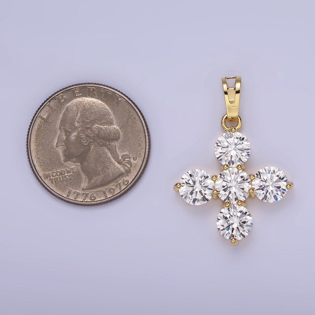 14K Gold Filled Clear CZ Round Lined Square Cross Pendant in Gold & Silver | AH133