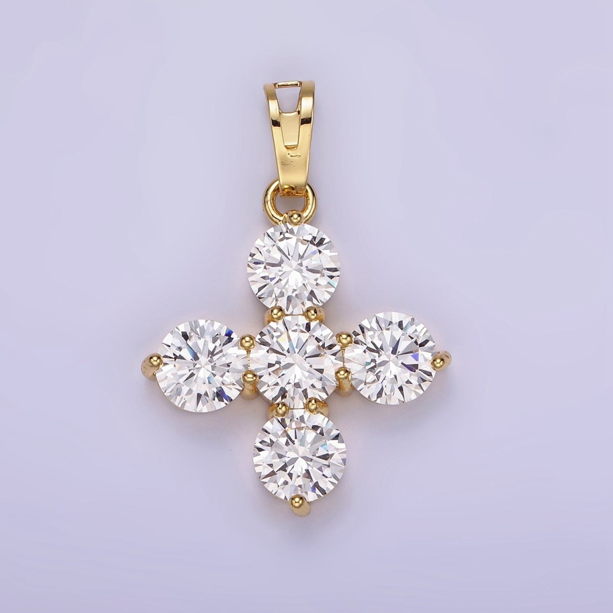 14K Gold Filled Clear CZ Round Lined Square Cross Pendant in Gold & Silver | AH133