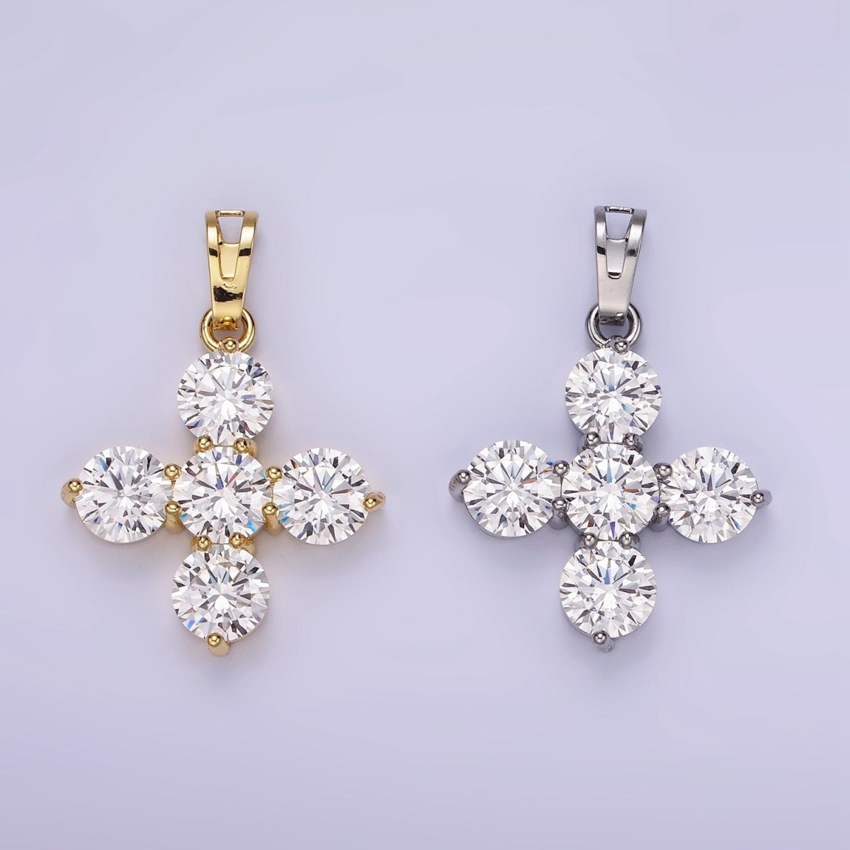 14K Gold Filled Clear CZ Round Lined Square Cross Pendant in Gold & Silver | AH133