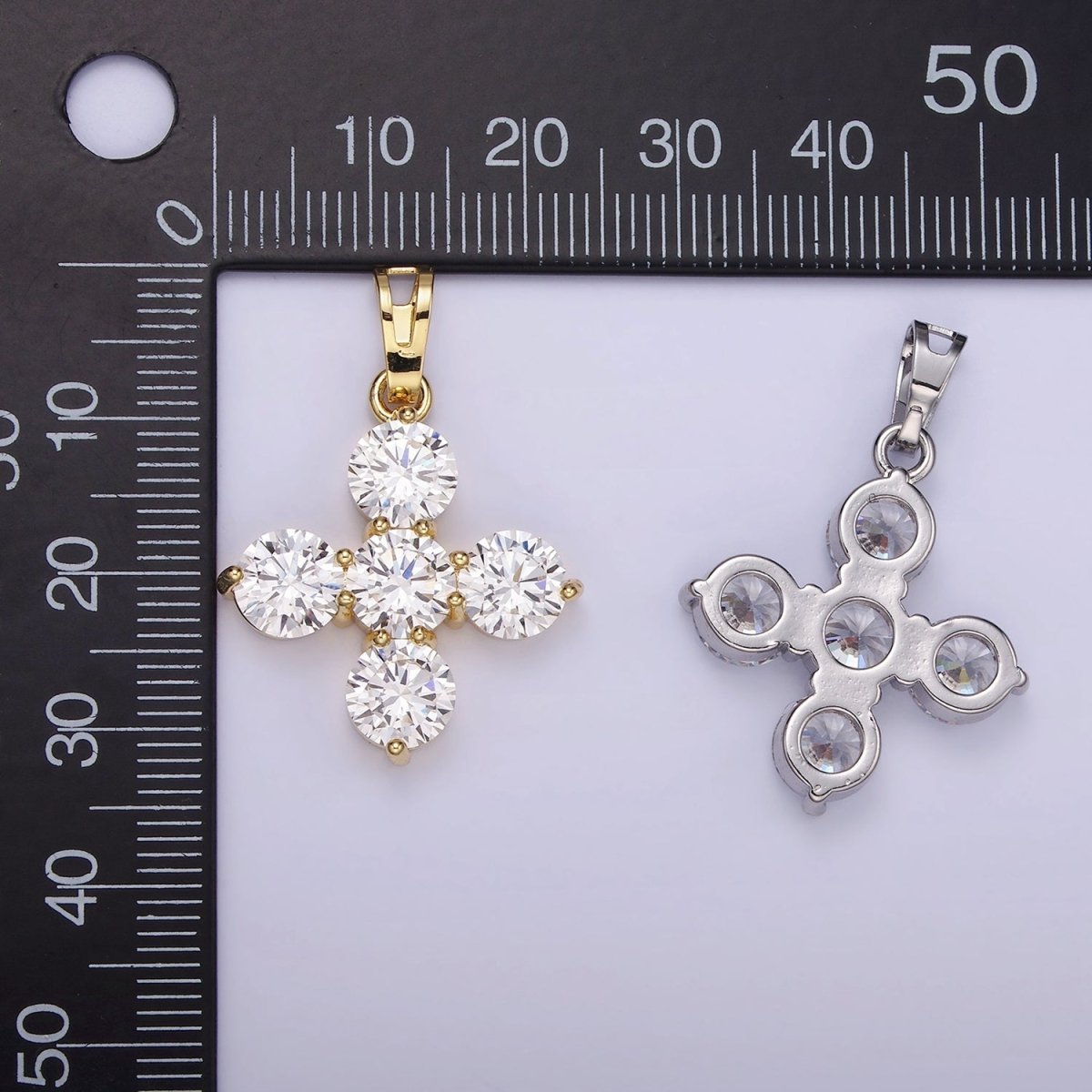14K Gold Filled Clear CZ Round Lined Square Cross Pendant in Gold & Silver | AH133