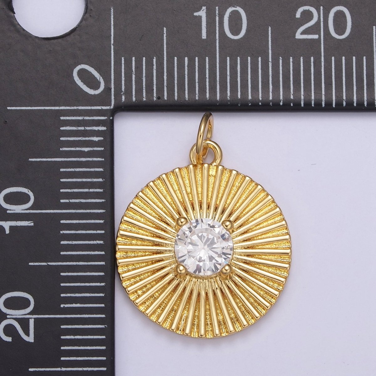 14K Gold Filled Clear CZ Sunburst Textured Round Charm | N800 - DLUXCA