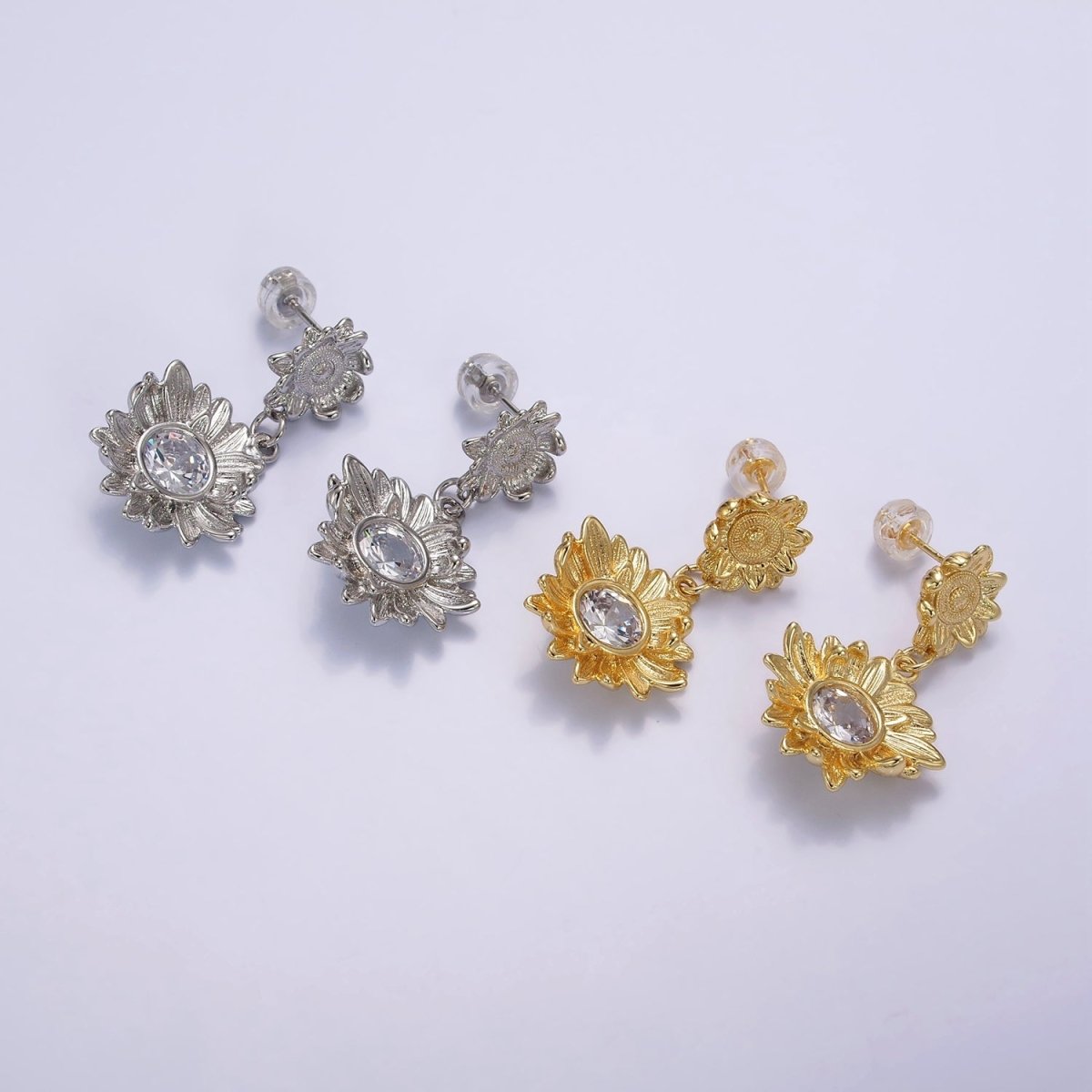 14K Gold Filled Clear CZ Sunflower Nature Drop Stud Earrings in Gold & Silver | AE976 AE977