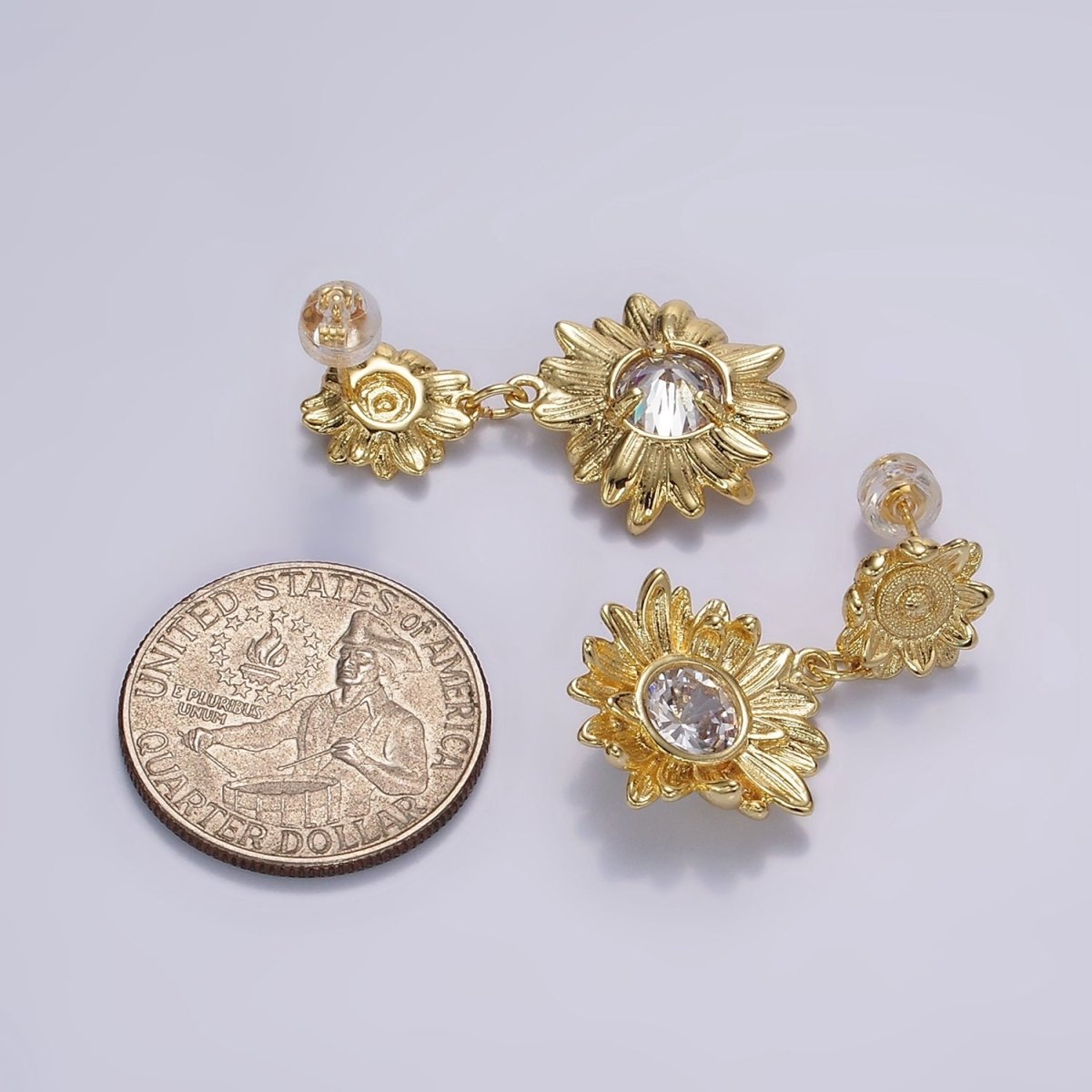 14K Gold Filled Clear CZ Sunflower Nature Drop Stud Earrings in Gold & Silver | AE976 AE977