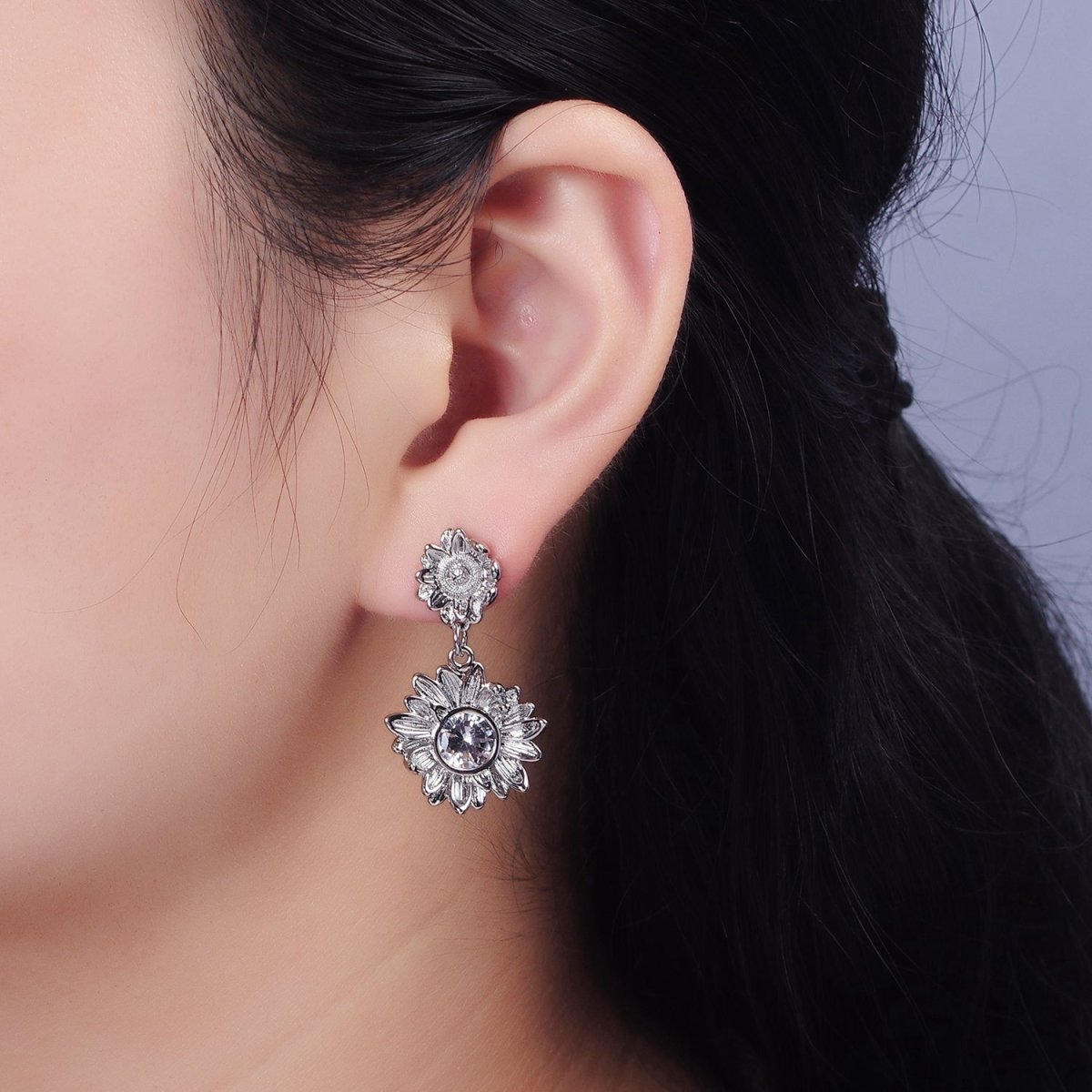 14K Gold Filled Clear CZ Sunflower Nature Drop Stud Earrings in Gold & Silver | AE976 AE977