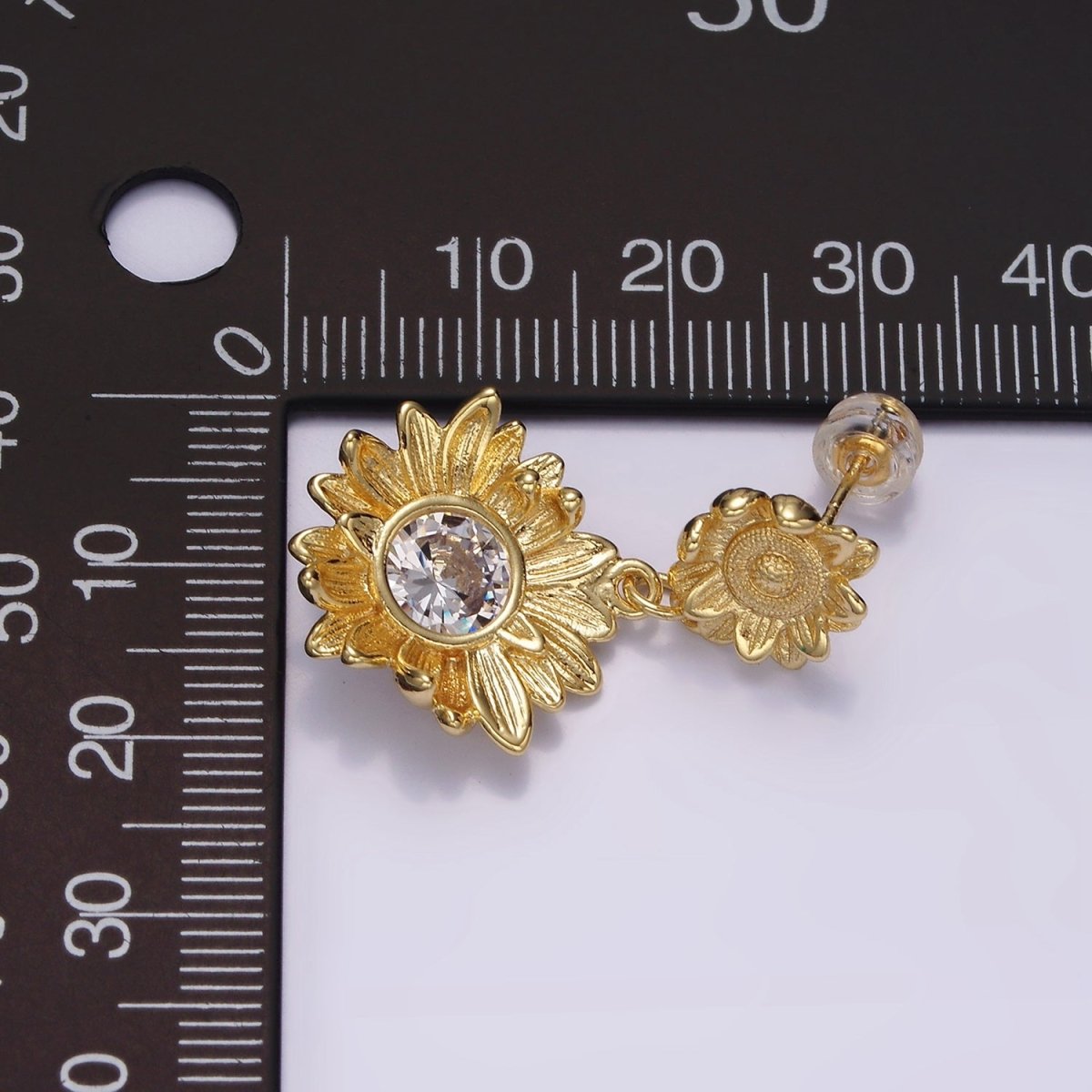 14K Gold Filled Clear CZ Sunflower Nature Drop Stud Earrings in Gold & Silver | AE976 AE977