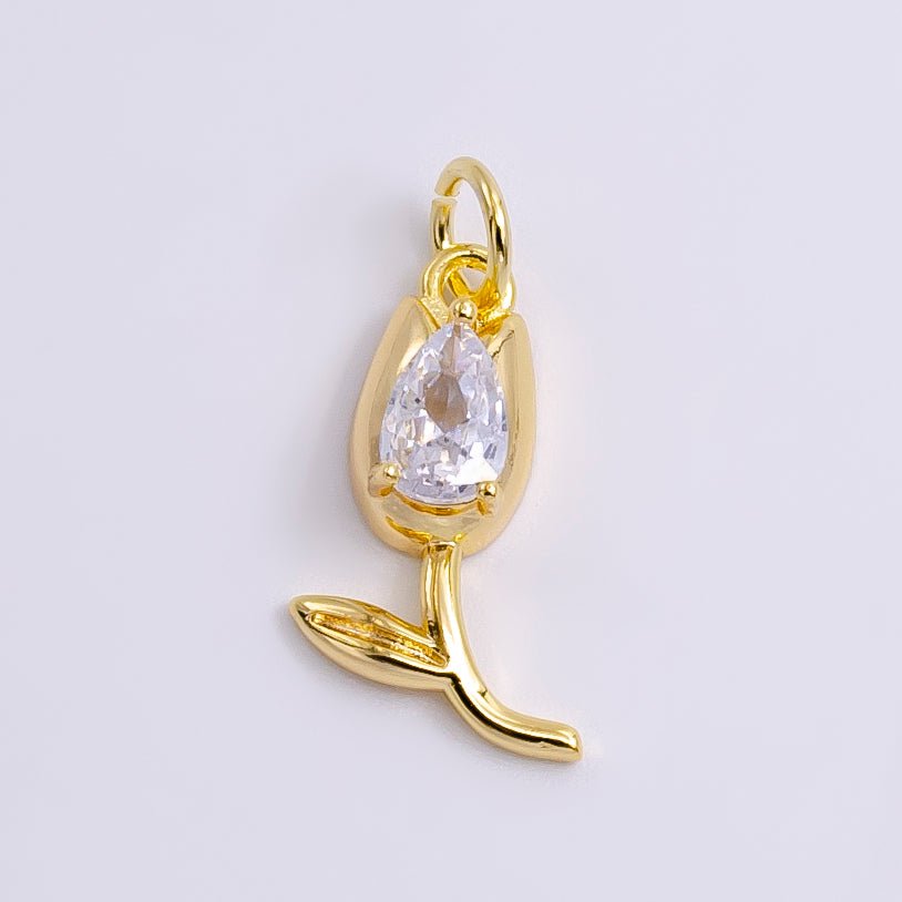 14K Gold Filled Clear CZ Teardrop Rose Flower Charm | W-471
