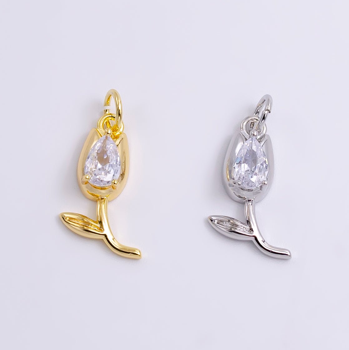 14K Gold Filled Clear CZ Teardrop Rose Flower Charm | W-471