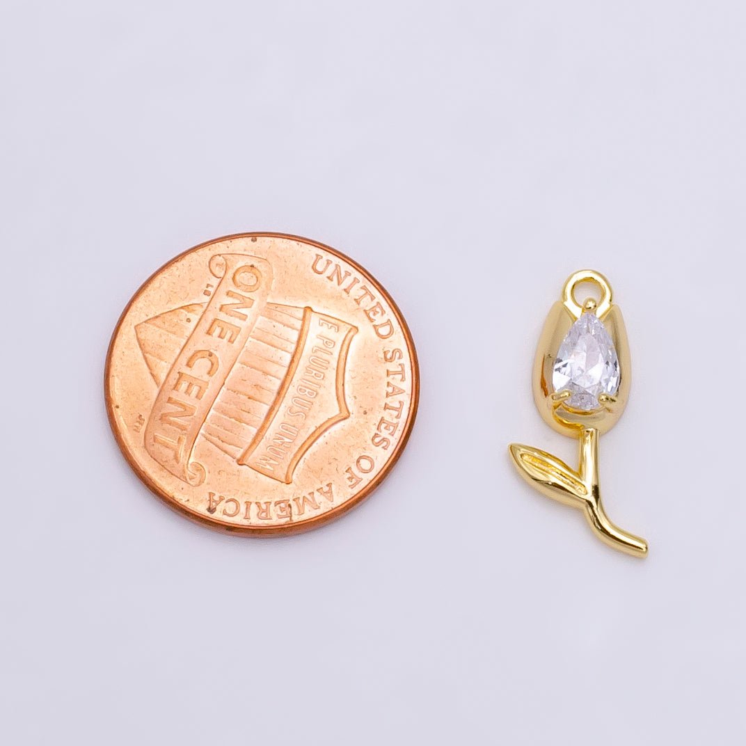 14K Gold Filled Clear CZ Teardrop Rose Flower Charm | W-471