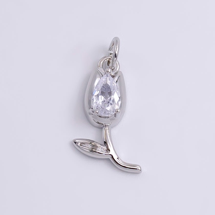 14K Gold Filled Clear CZ Teardrop Rose Flower Charm | W-471