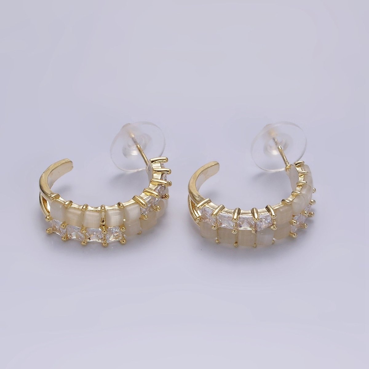 14K Gold Filled Clear CZ White Cat Eye Double Lined C-Shaped Hoop Earrings in Gold & Silver | AE307 AE308