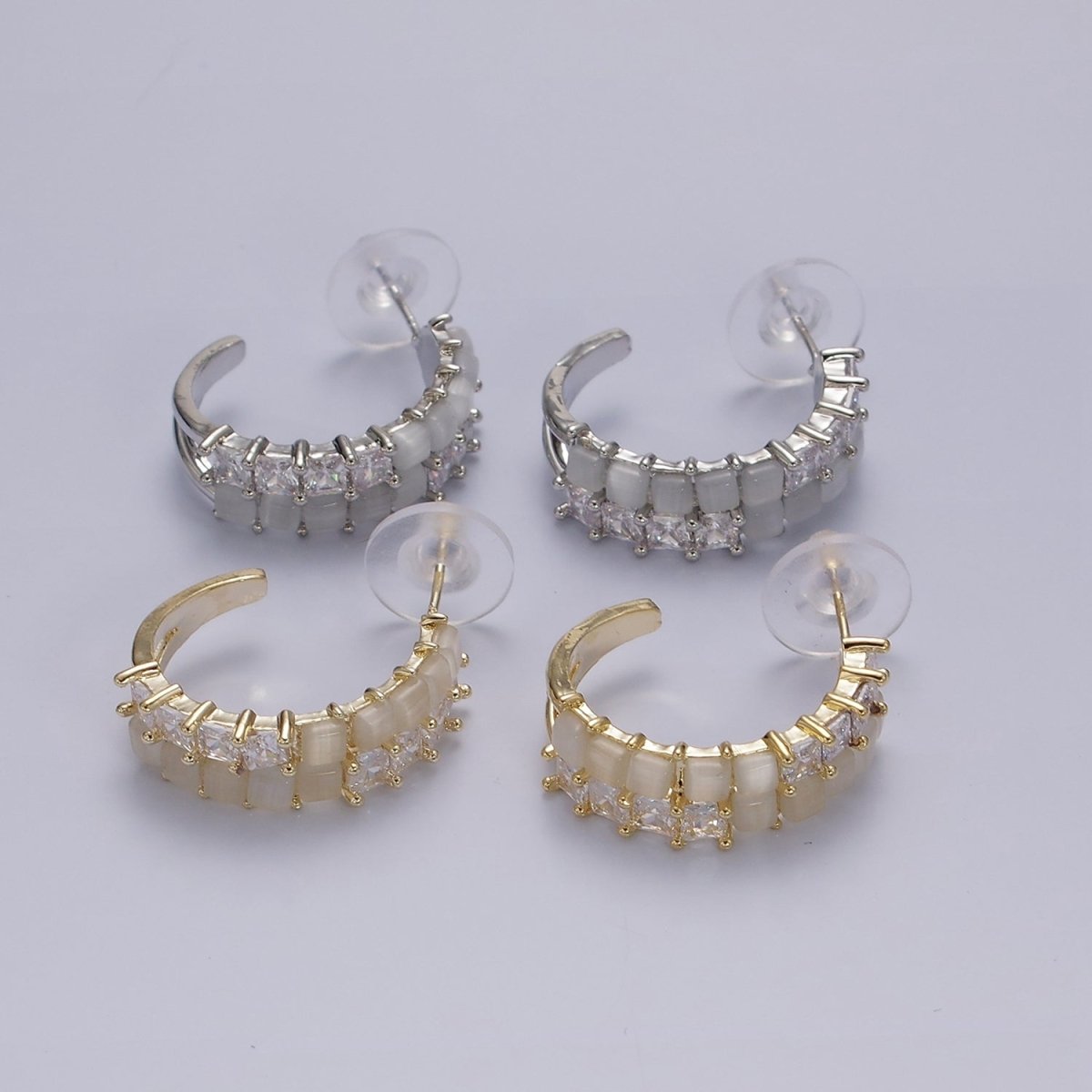 14K Gold Filled Clear CZ White Cat Eye Double Lined C-Shaped Hoop Earrings in Gold & Silver | AE307 AE308