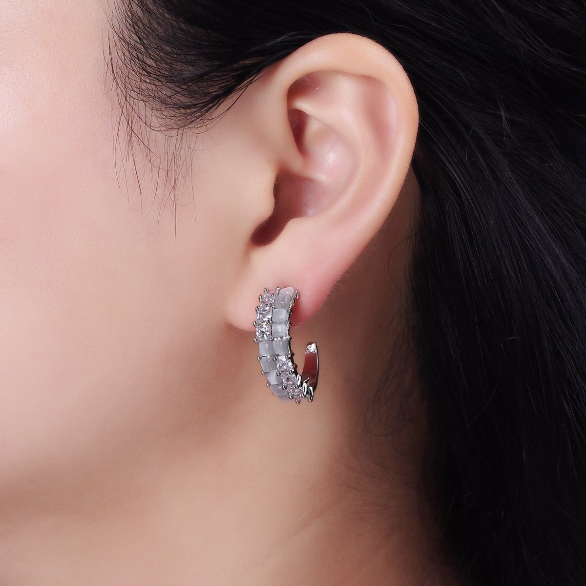 14K Gold Filled Clear CZ White Cat Eye Double Lined C-Shaped Hoop Earrings in Gold & Silver | AE307 AE308