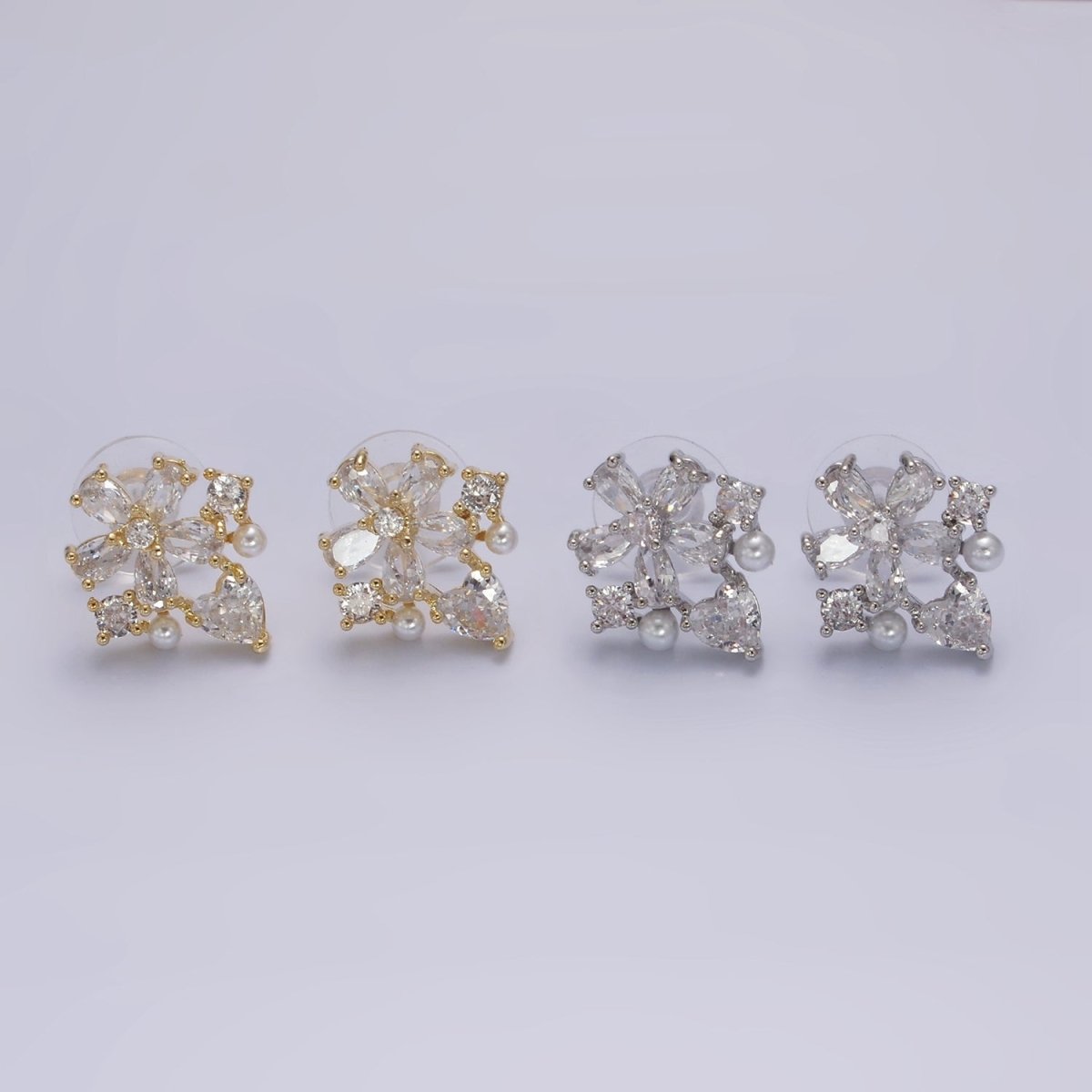 14K Gold Filled Clear Flower Heart Pearl Stud Earrings in Gold & Silver | V292
