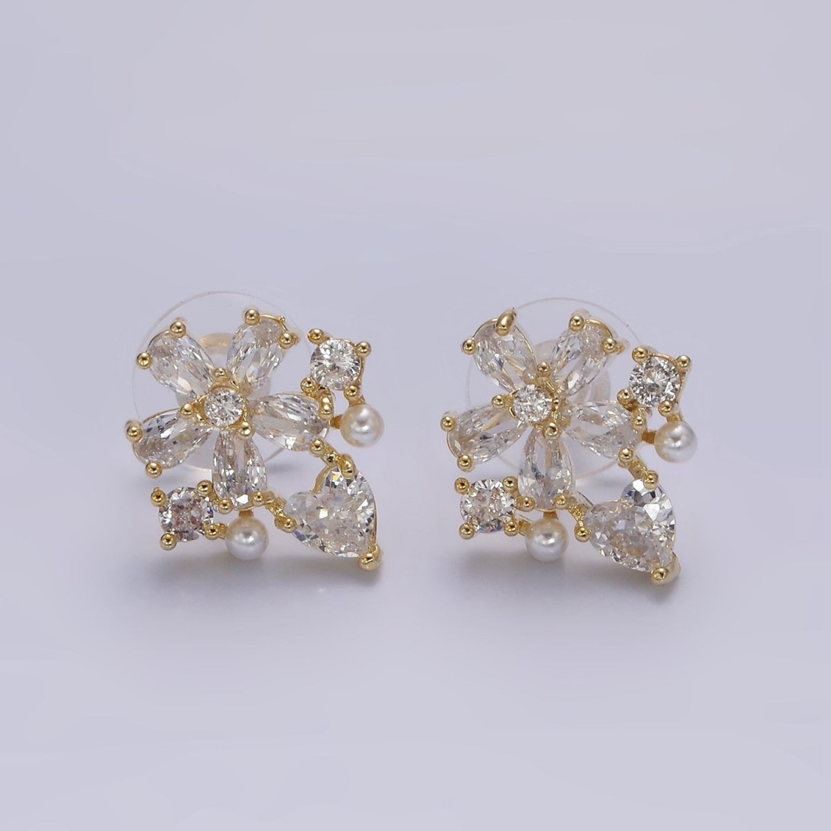 14K Gold Filled Clear Flower Heart Pearl Stud Earrings in Gold & Silver | V292