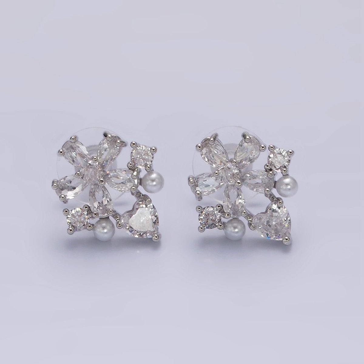 14K Gold Filled Clear Flower Heart Pearl Stud Earrings in Gold & Silver | V292