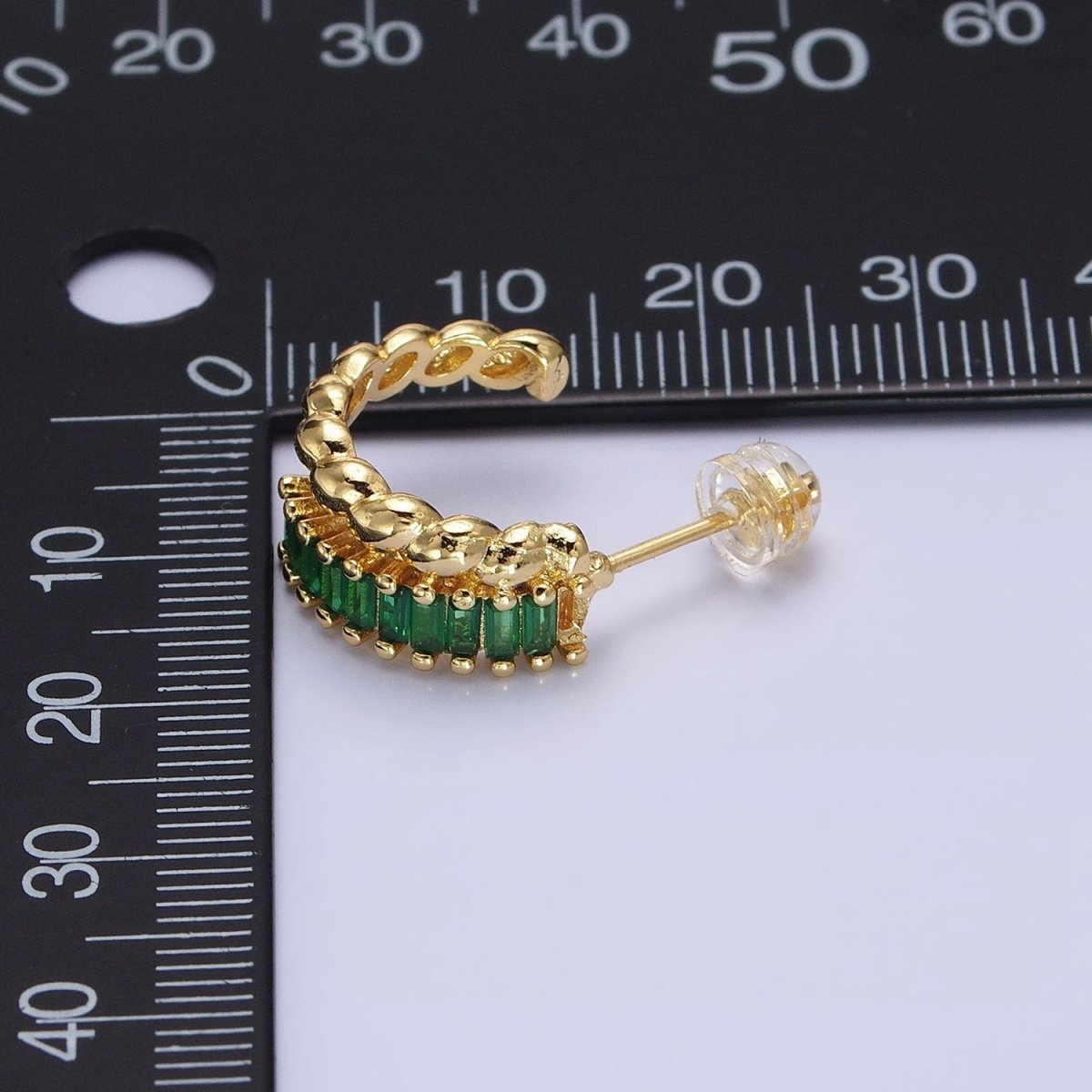 14K Gold Filled Clear, Fuchsia, Green Baguette Croissant Double Band C-Shaped Hoop Earrings in Gold & Silver | AB1508 - AB1513