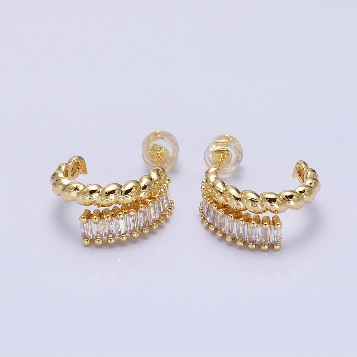 14K Gold Filled Clear, Fuchsia, Green Baguette Croissant Double Band C-Shaped Hoop Earrings in Gold & Silver | AB1508 - AB1513