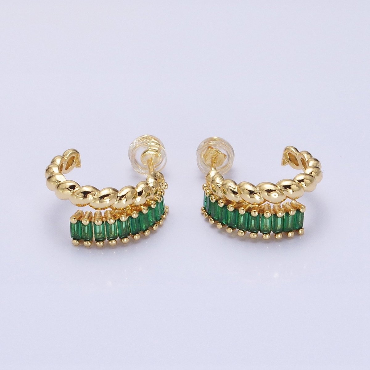 14K Gold Filled Clear, Fuchsia, Green Baguette Croissant Double Band C-Shaped Hoop Earrings in Gold & Silver | AB1508 - AB1513