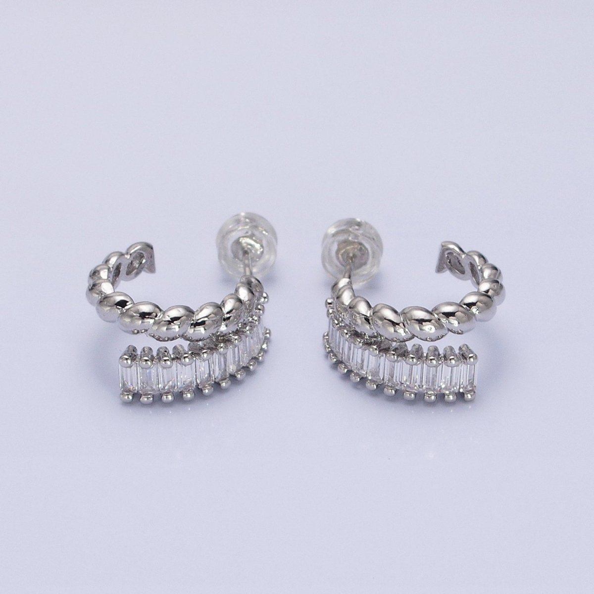 14K Gold Filled Clear, Fuchsia, Green Baguette Croissant Double Band C-Shaped Hoop Earrings in Gold & Silver | AB1508 - AB1513