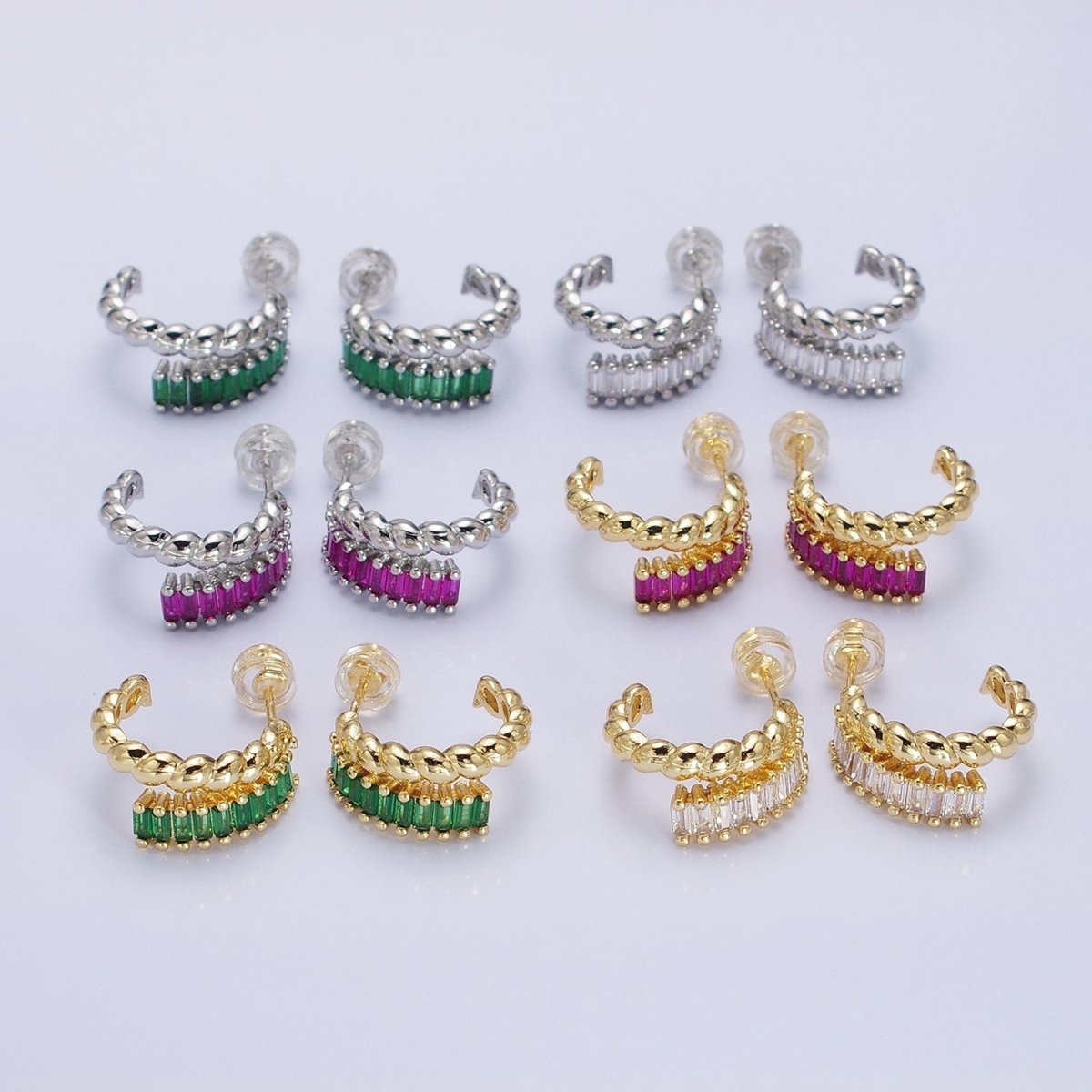 14K Gold Filled Clear, Fuchsia, Green Baguette Croissant Double Band C-Shaped Hoop Earrings in Gold & Silver | AB1508 - AB1513