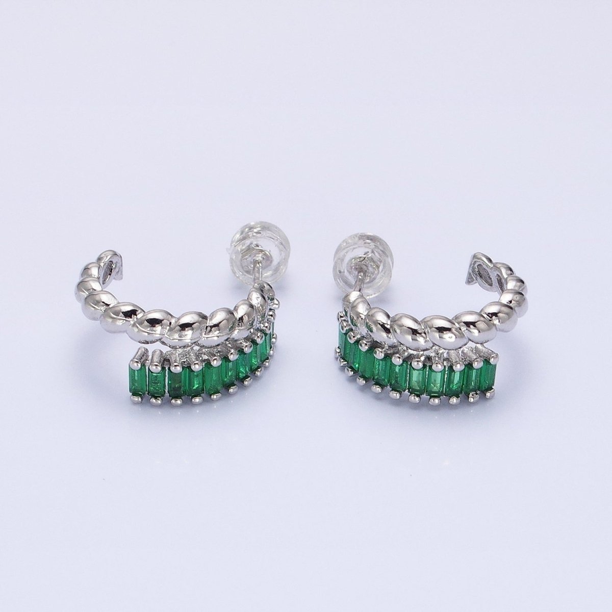 14K Gold Filled Clear, Fuchsia, Green Baguette Croissant Double Band C-Shaped Hoop Earrings in Gold & Silver | AB1508 - AB1513