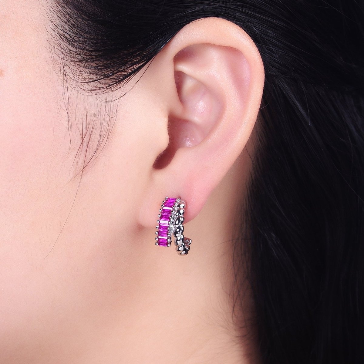 14K Gold Filled Clear, Fuchsia, Green Baguette Croissant Double Band C-Shaped Hoop Earrings in Gold & Silver | AB1508 - AB1513