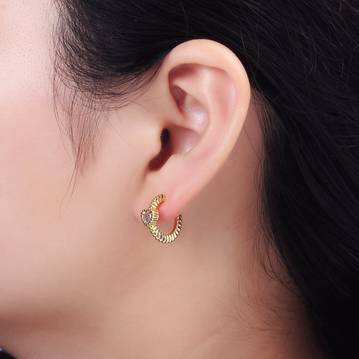 14K Gold Filled Clear, Fuchsia, Green Heart CZ Beaded 16mm C-Shaped Hoop Earrings | AE882 - AE884