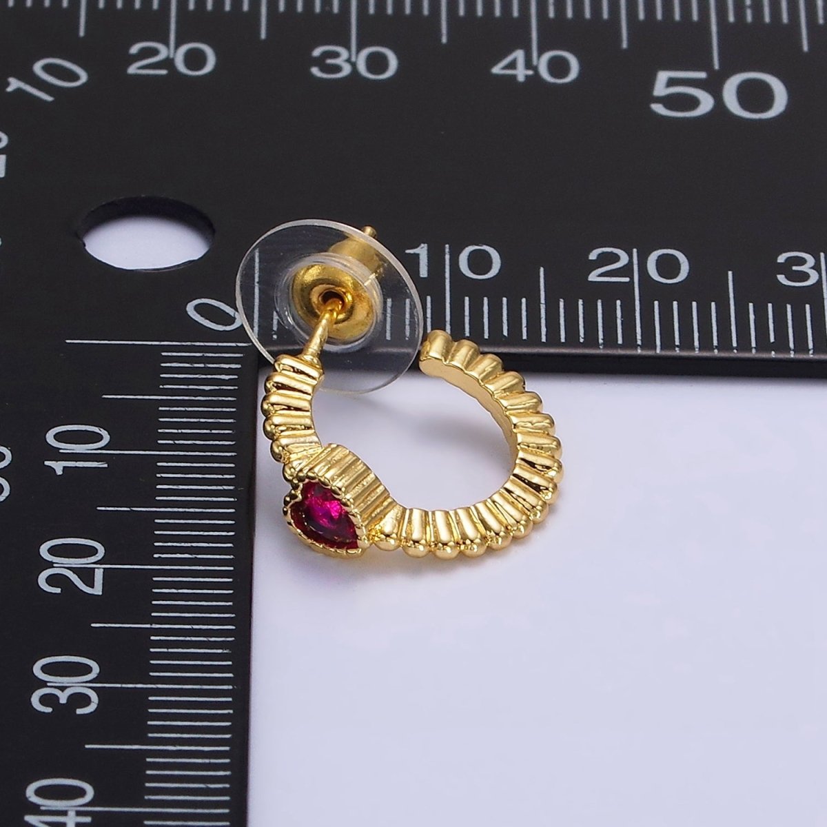 14K Gold Filled Clear, Fuchsia, Green Heart CZ Beaded 16mm C-Shaped Hoop Earrings | AE882 - AE884