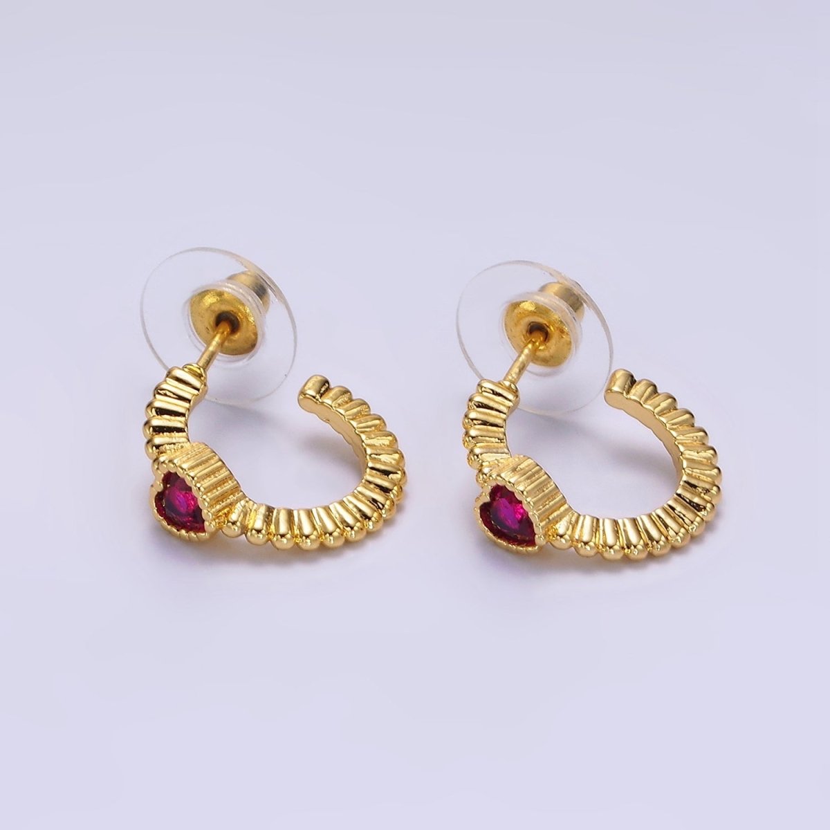 14K Gold Filled Clear, Fuchsia, Green Heart CZ Beaded 16mm C-Shaped Hoop Earrings | AE882 - AE884