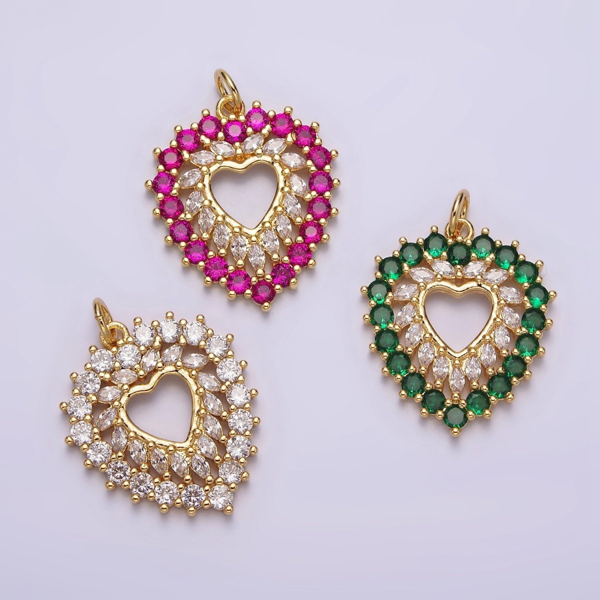 14K Gold Filled Clear, Fuchsia, Green Marquise Open Heart Charm | N988 - N989