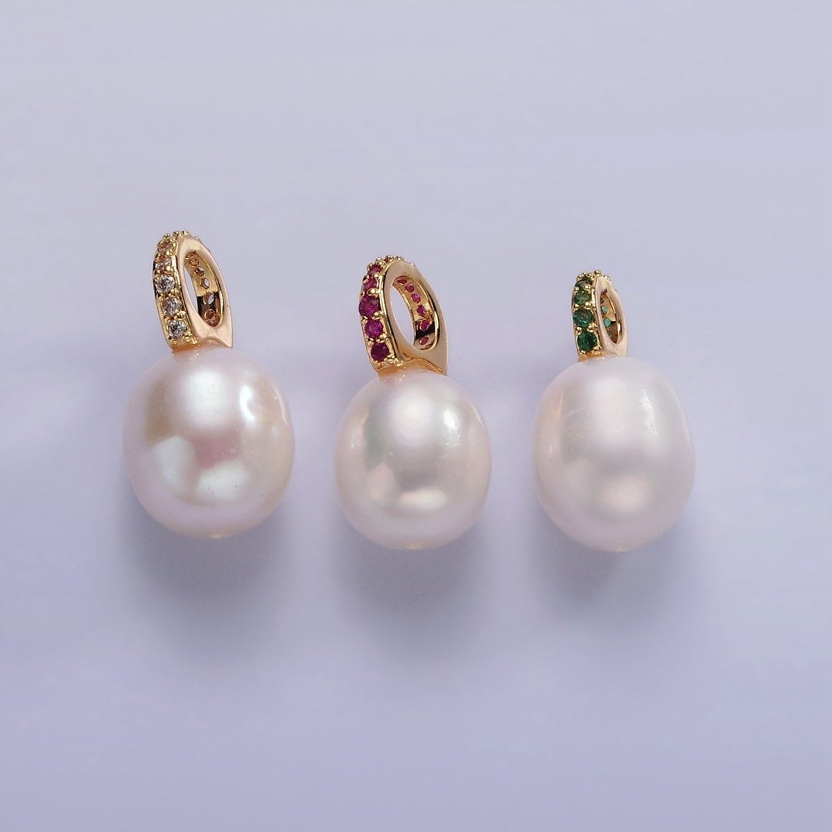 14K Gold Filled Clear, Fuchsia, Green Micro Paved Freshwater Pearl Drop Personalized Earring Charm | P1629 - P1631