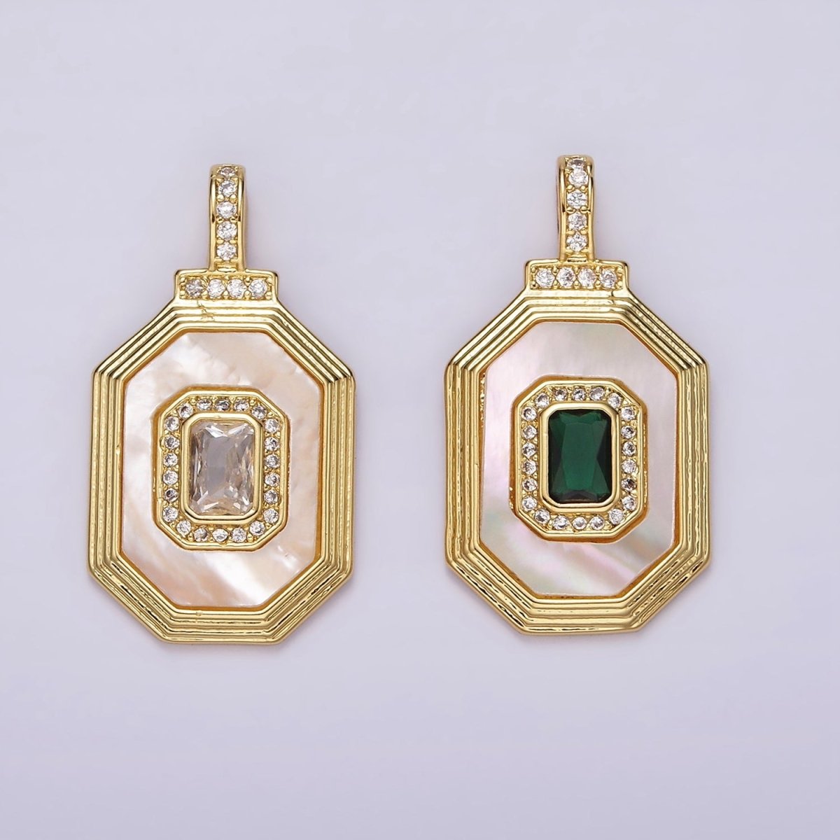 14K Gold Filled Clear, Green Baguette Shell Pearl Micro Paved CZ Bail Octagonal Pendant | AH031 AH032