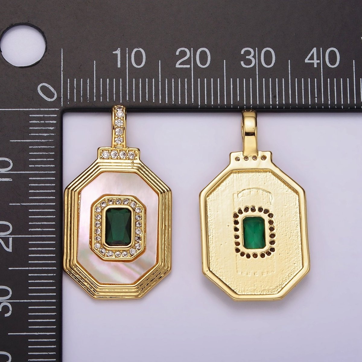 14K Gold Filled Clear, Green Baguette Shell Pearl Micro Paved CZ Bail Octagonal Pendant | AH031 AH032