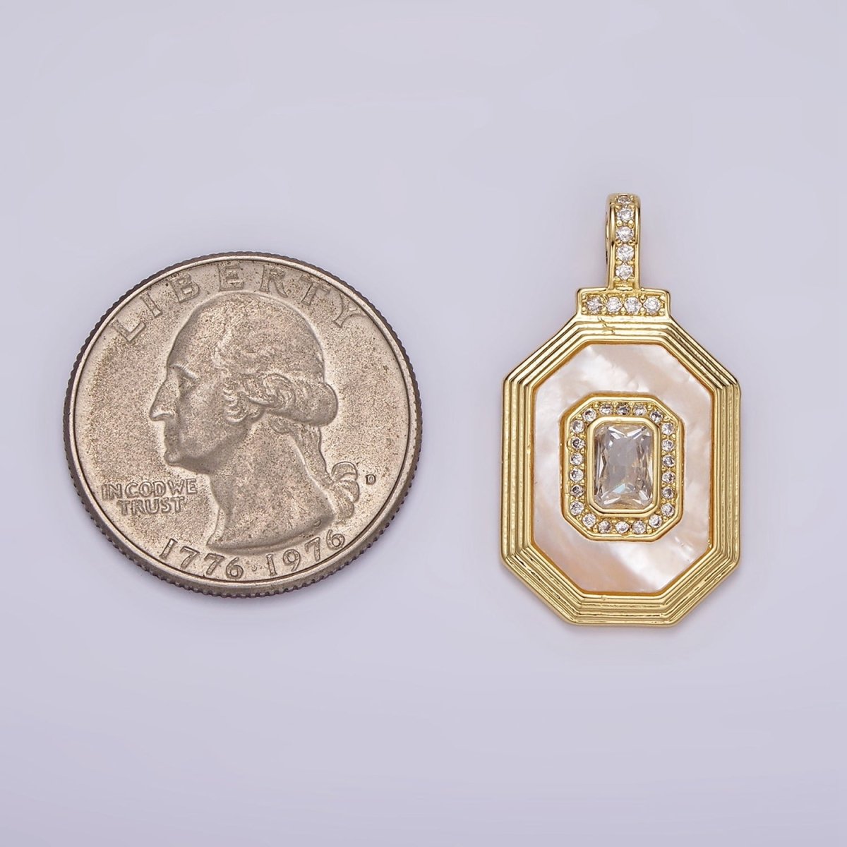 14K Gold Filled Clear, Green Baguette Shell Pearl Micro Paved CZ Bail Octagonal Pendant | AH031 AH032