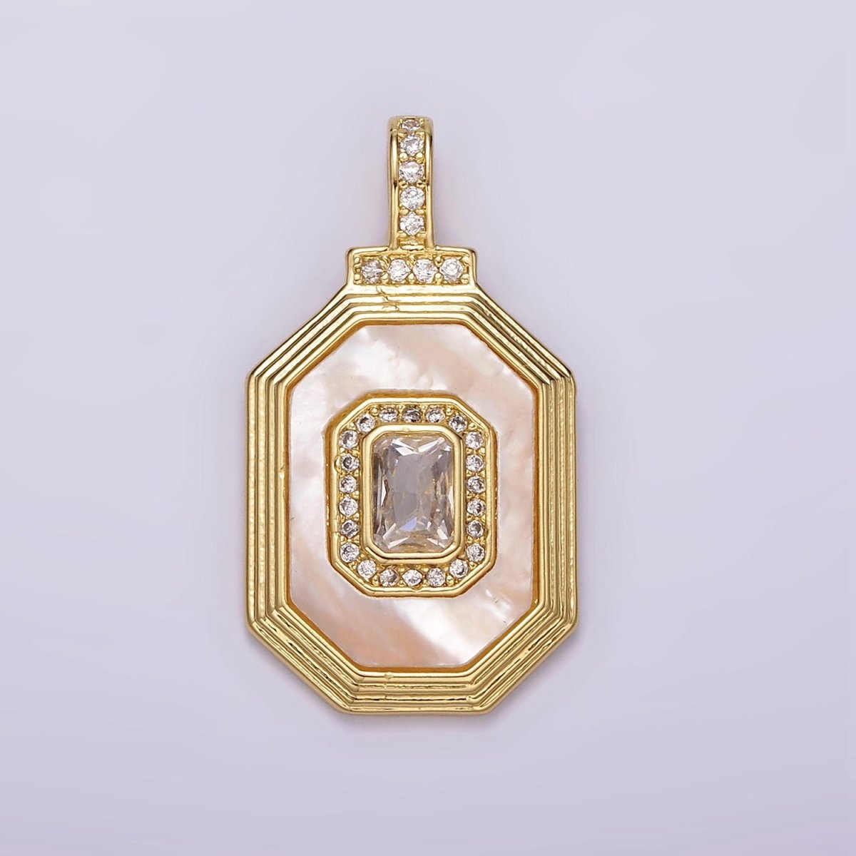 14K Gold Filled Clear, Green Baguette Shell Pearl Micro Paved CZ Bail Octagonal Pendant | AH031 AH032