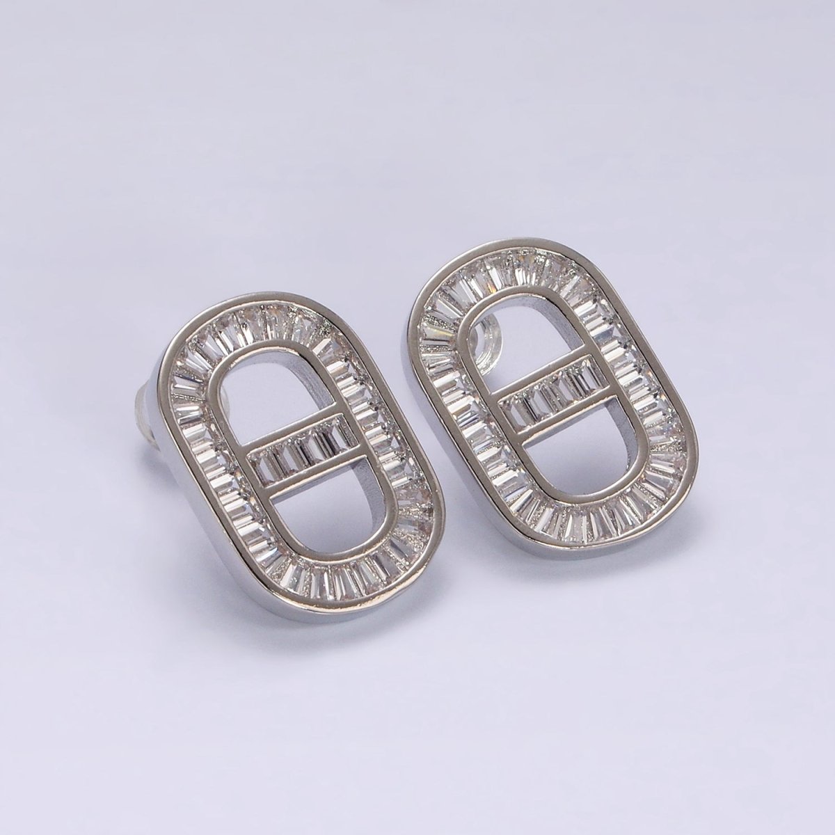 14K Gold Filled Clear, Green CZ Baguette Lined Mariner Link Stud Earrings in Gold & Silver | AE360 - AE363