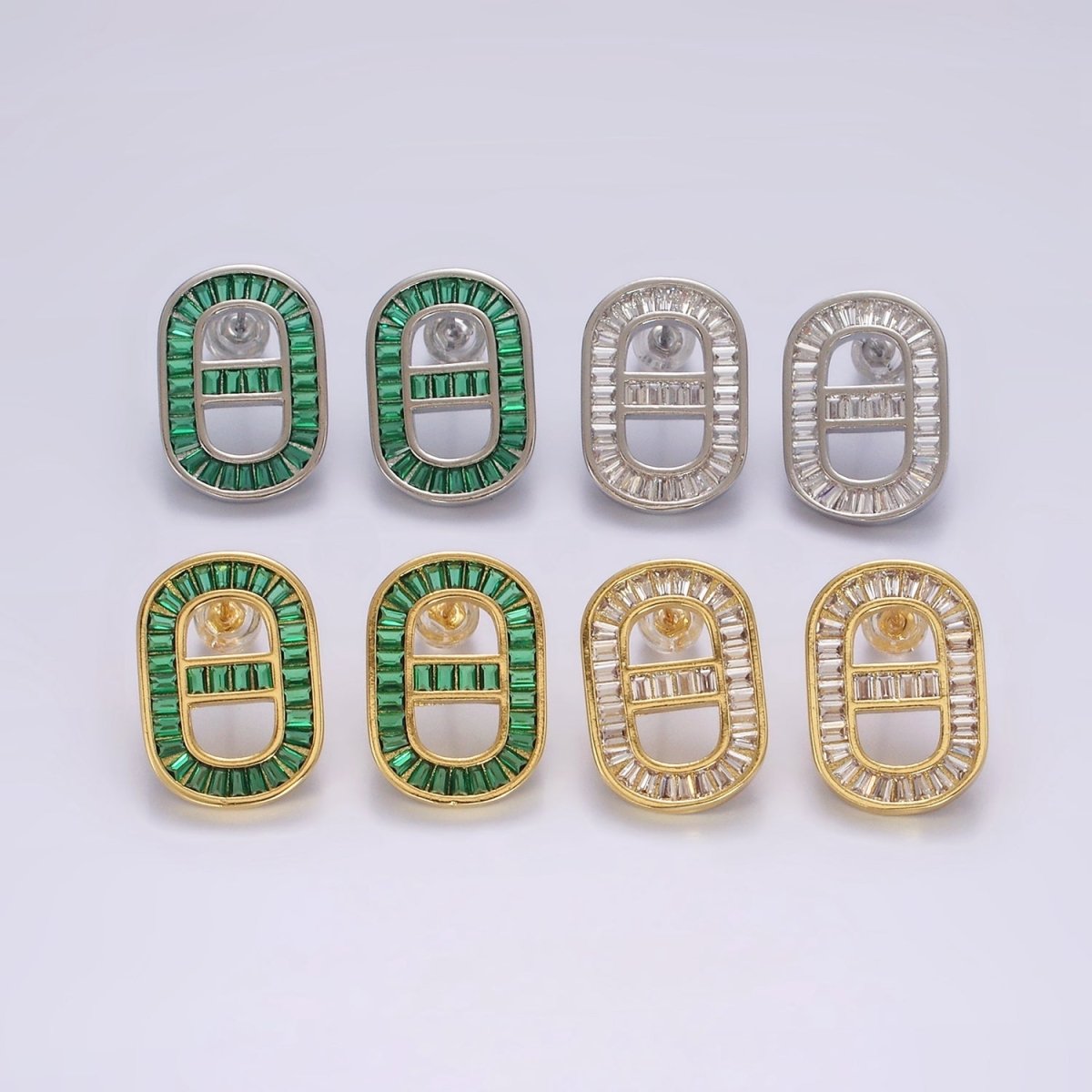 14K Gold Filled Clear, Green CZ Baguette Lined Mariner Link Stud Earrings in Gold & Silver | AE360 - AE363