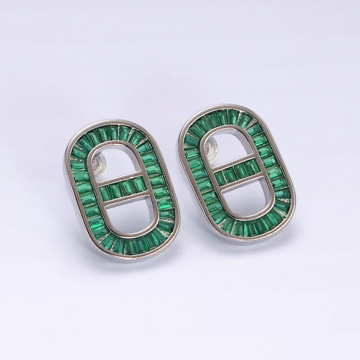 14K Gold Filled Clear, Green CZ Baguette Lined Mariner Link Stud Earrings in Gold & Silver | AE360 - AE363