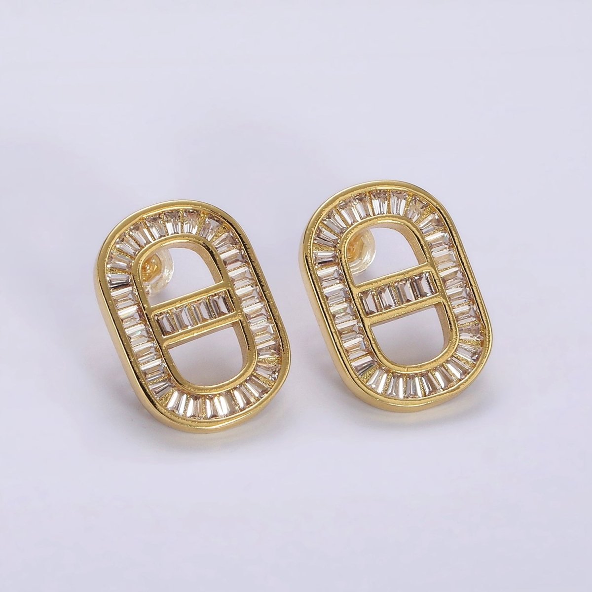 14K Gold Filled Clear, Green CZ Baguette Lined Mariner Link Stud Earrings in Gold & Silver | AE360 - AE363