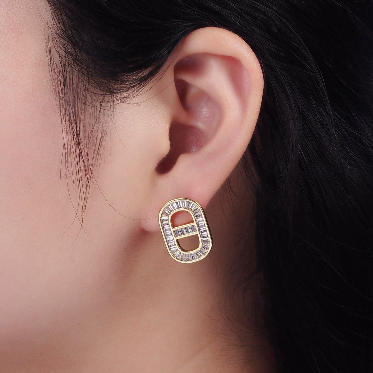 14K Gold Filled Clear, Green CZ Baguette Lined Mariner Link Stud Earrings in Gold & Silver | AE360 - AE363