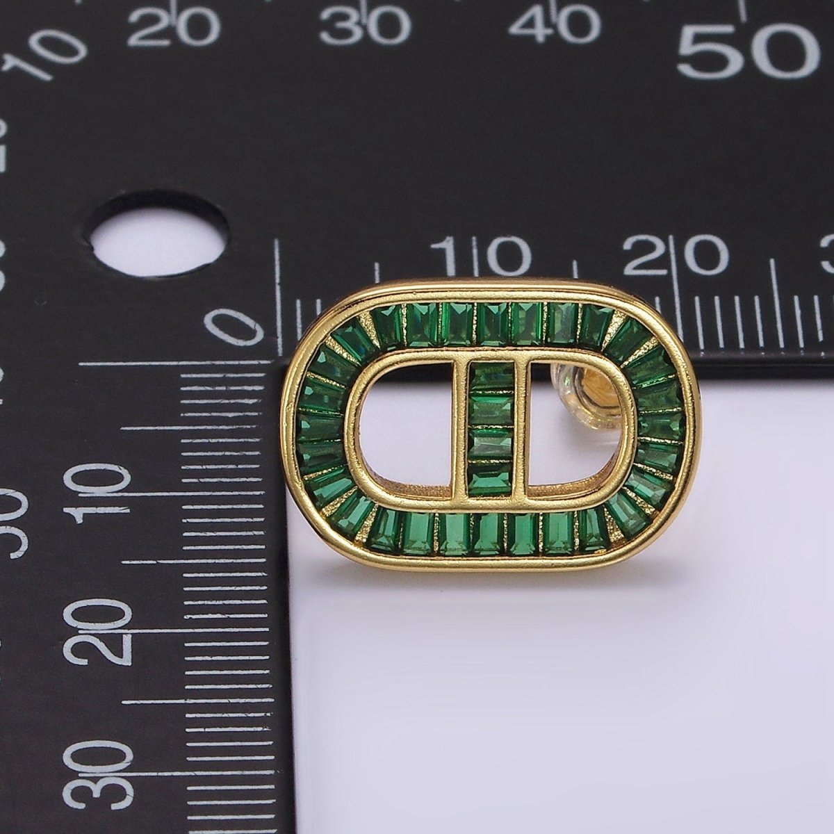 14K Gold Filled Clear, Green CZ Baguette Lined Mariner Link Stud Earrings in Gold & Silver | AE360 - AE363