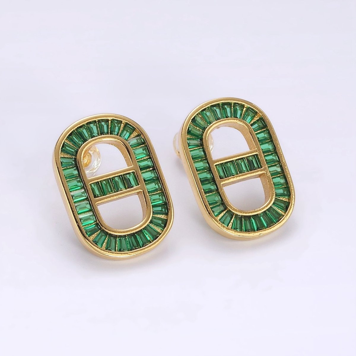 14K Gold Filled Clear, Green CZ Baguette Lined Mariner Link Stud Earrings in Gold & Silver | AE360 - AE363