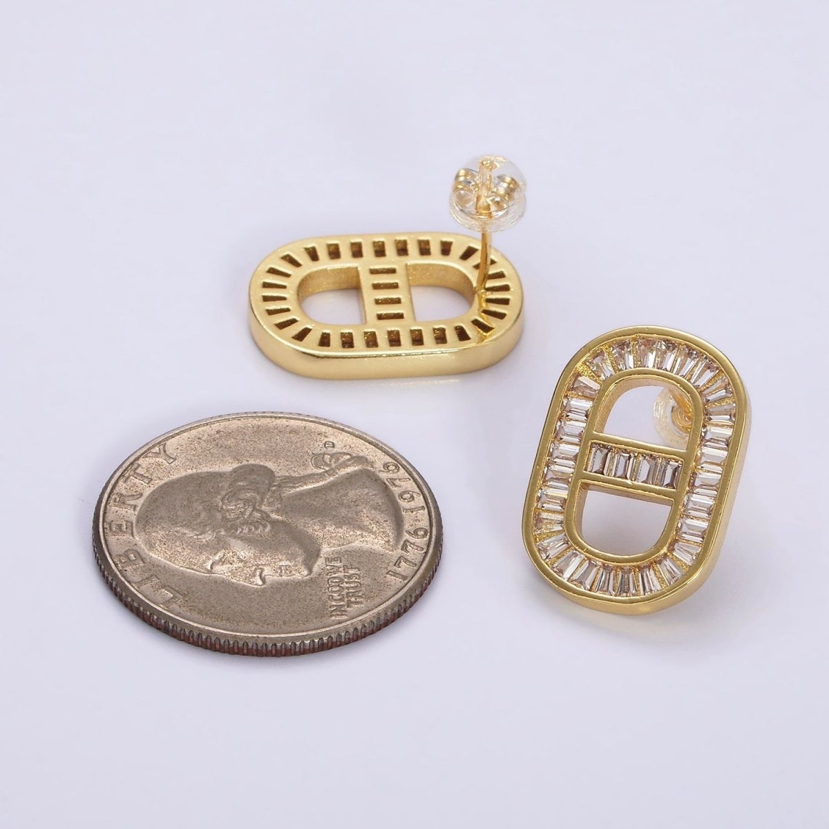 14K Gold Filled Clear, Green CZ Baguette Lined Mariner Link Stud Earrings in Gold & Silver | AE360 - AE363