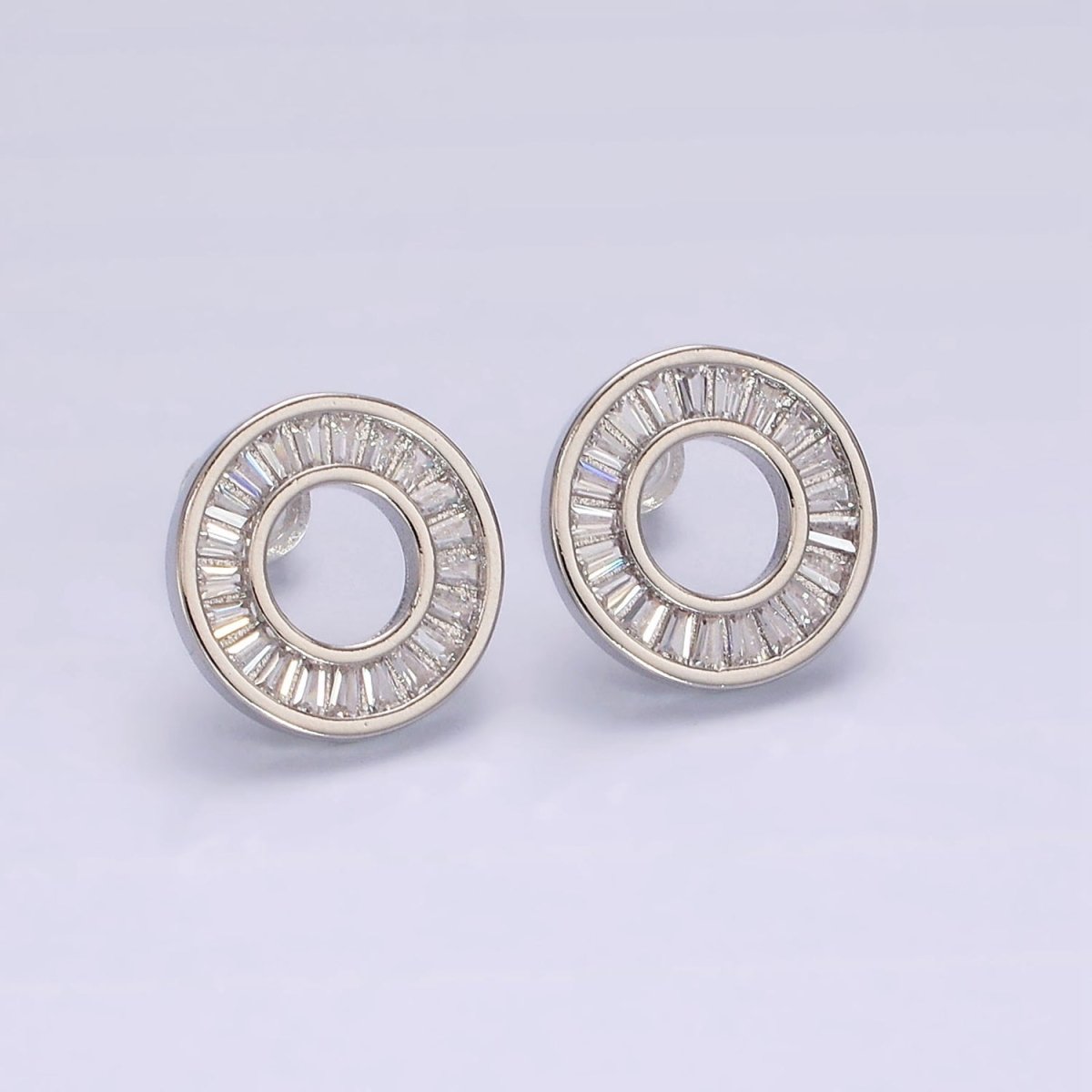 14K Gold Filled Clear, Green CZ Baguette Lined Open Round Stud Earrings in Gold & Silver | V470 - V473