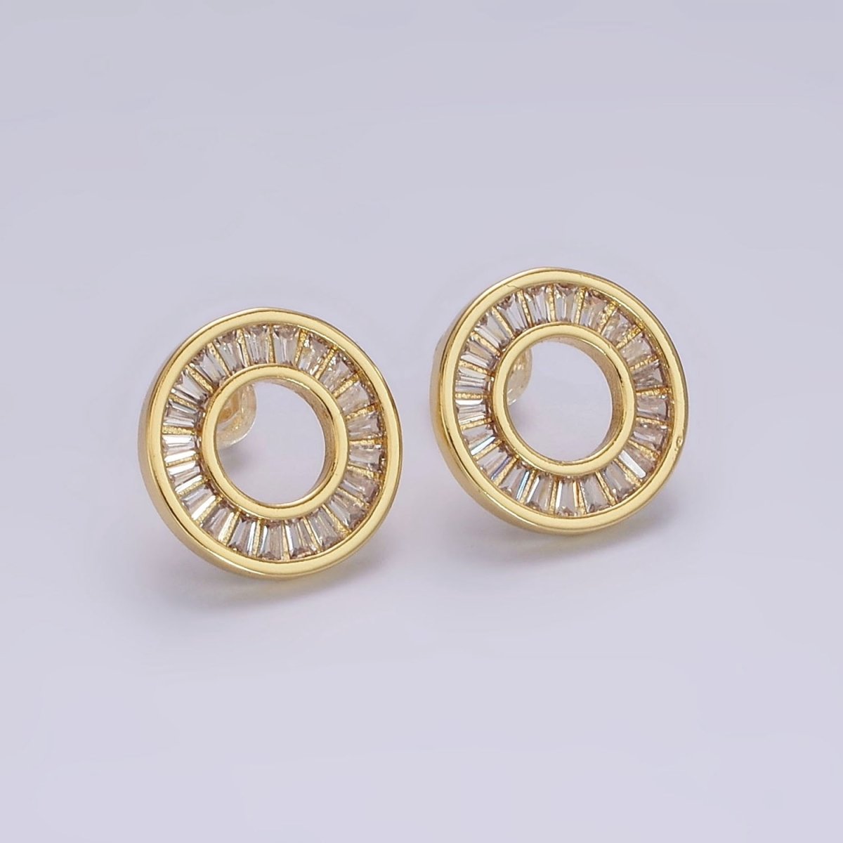 14K Gold Filled Clear, Green CZ Baguette Lined Open Round Stud Earrings in Gold & Silver | V470 - V473