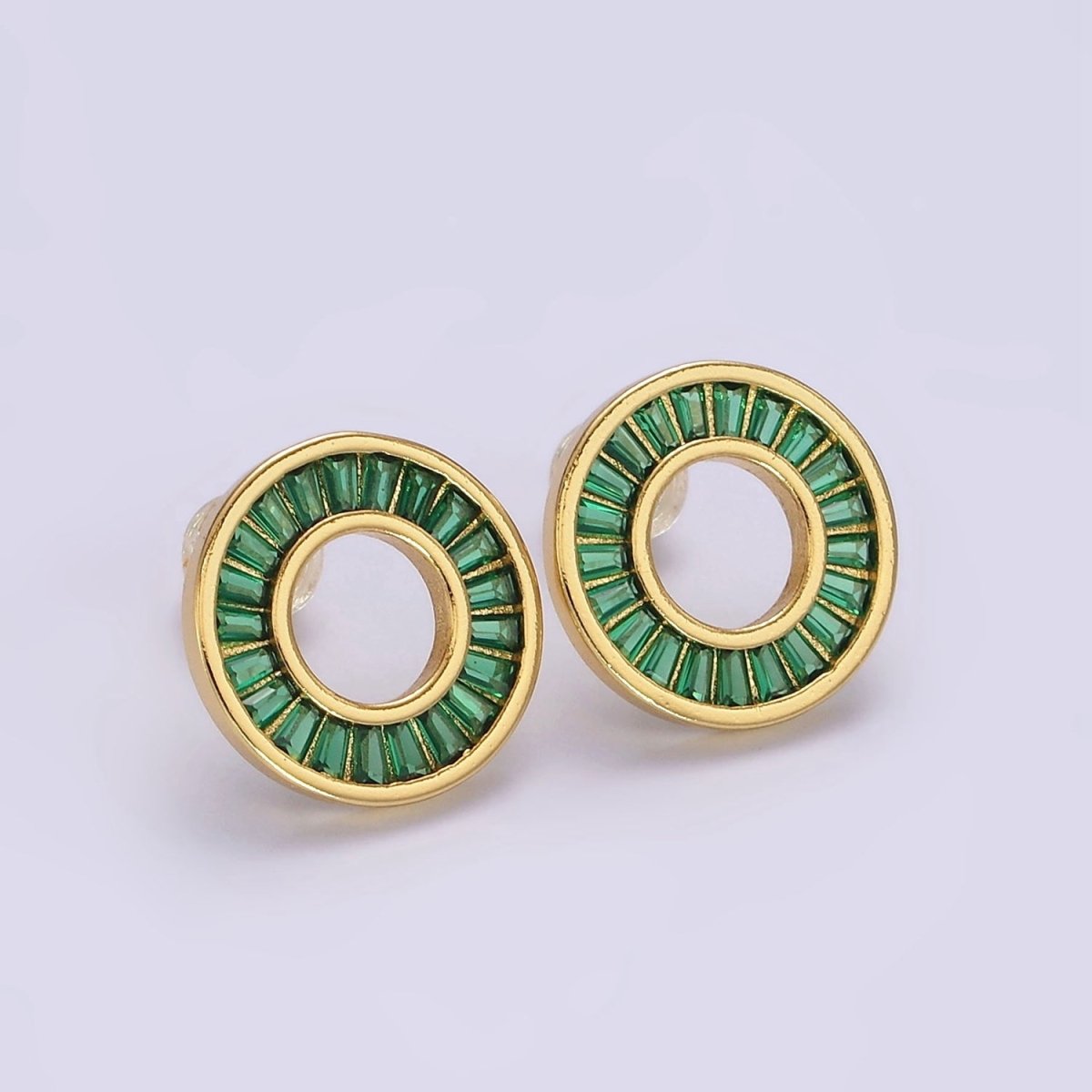 14K Gold Filled Clear, Green CZ Baguette Lined Open Round Stud Earrings in Gold & Silver | V470 - V473