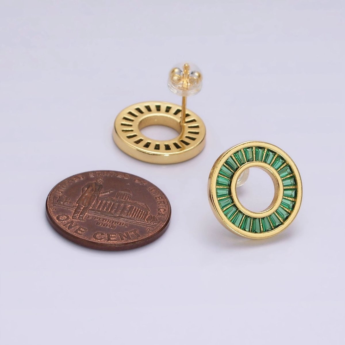 14K Gold Filled Clear, Green CZ Baguette Lined Open Round Stud Earrings in Gold & Silver | V470 - V473