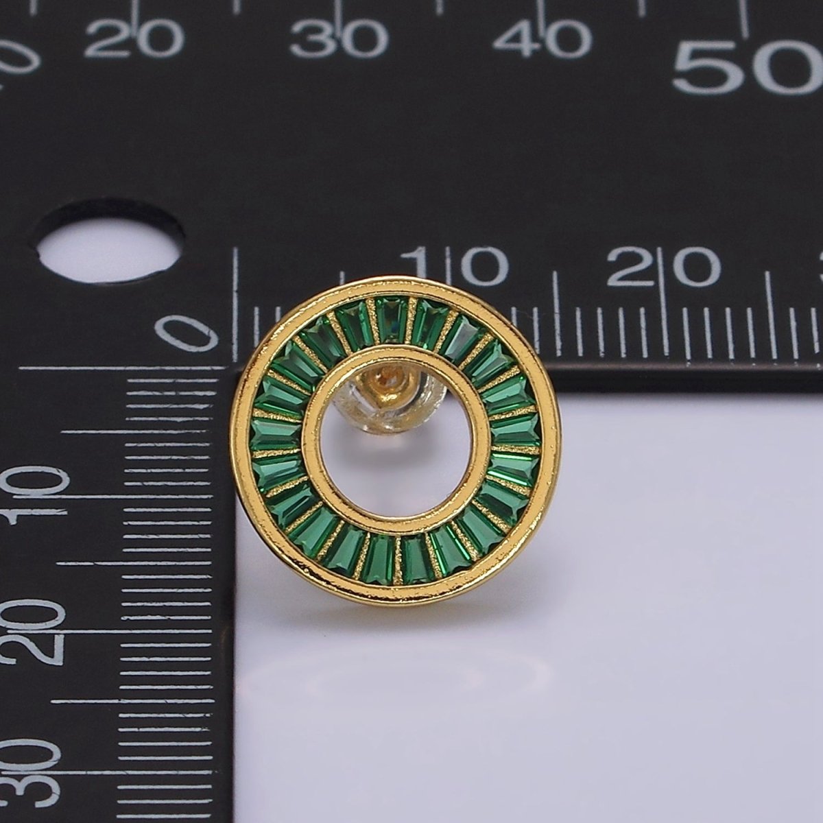 14K Gold Filled Clear, Green CZ Baguette Lined Open Round Stud Earrings in Gold & Silver | V470 - V473