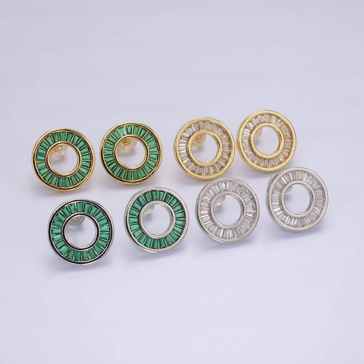 14K Gold Filled Clear, Green CZ Baguette Lined Open Round Stud Earrings in Gold & Silver | V470 - V473
