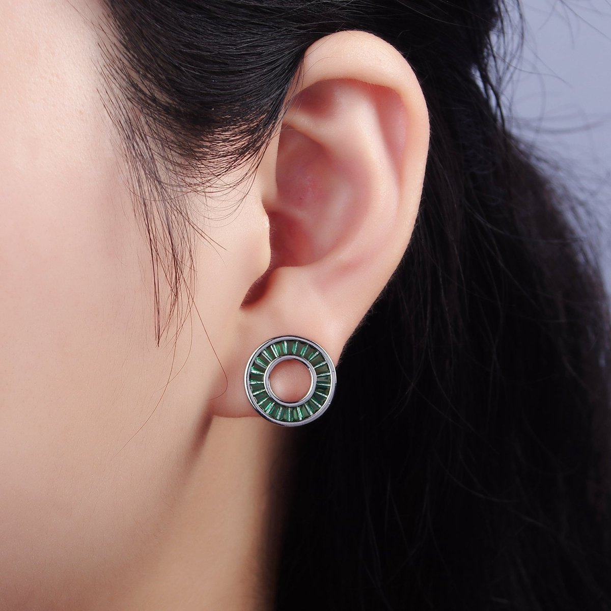 14K Gold Filled Clear, Green CZ Baguette Lined Open Round Stud Earrings in Gold & Silver | V470 - V473